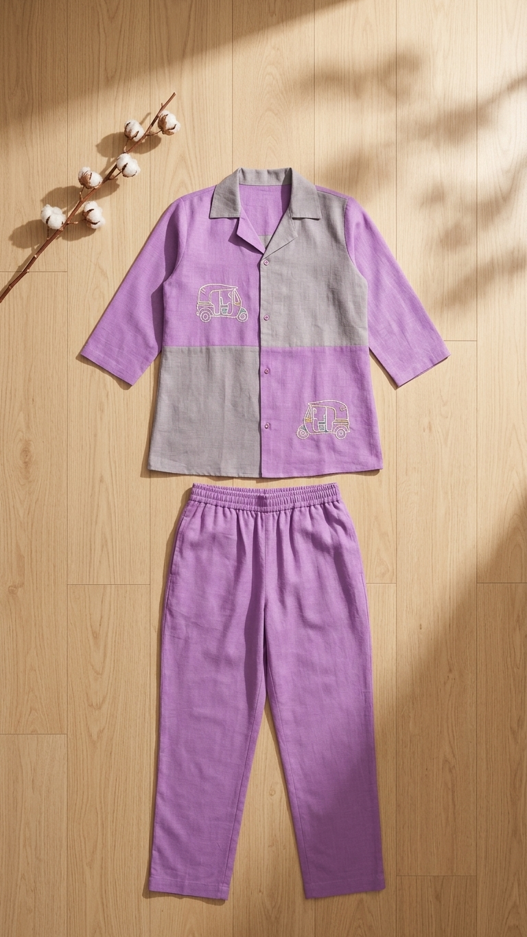 Women's Lavender Color Block Embroidered Co-Ord Set |Motif Shirt & Straight Pants