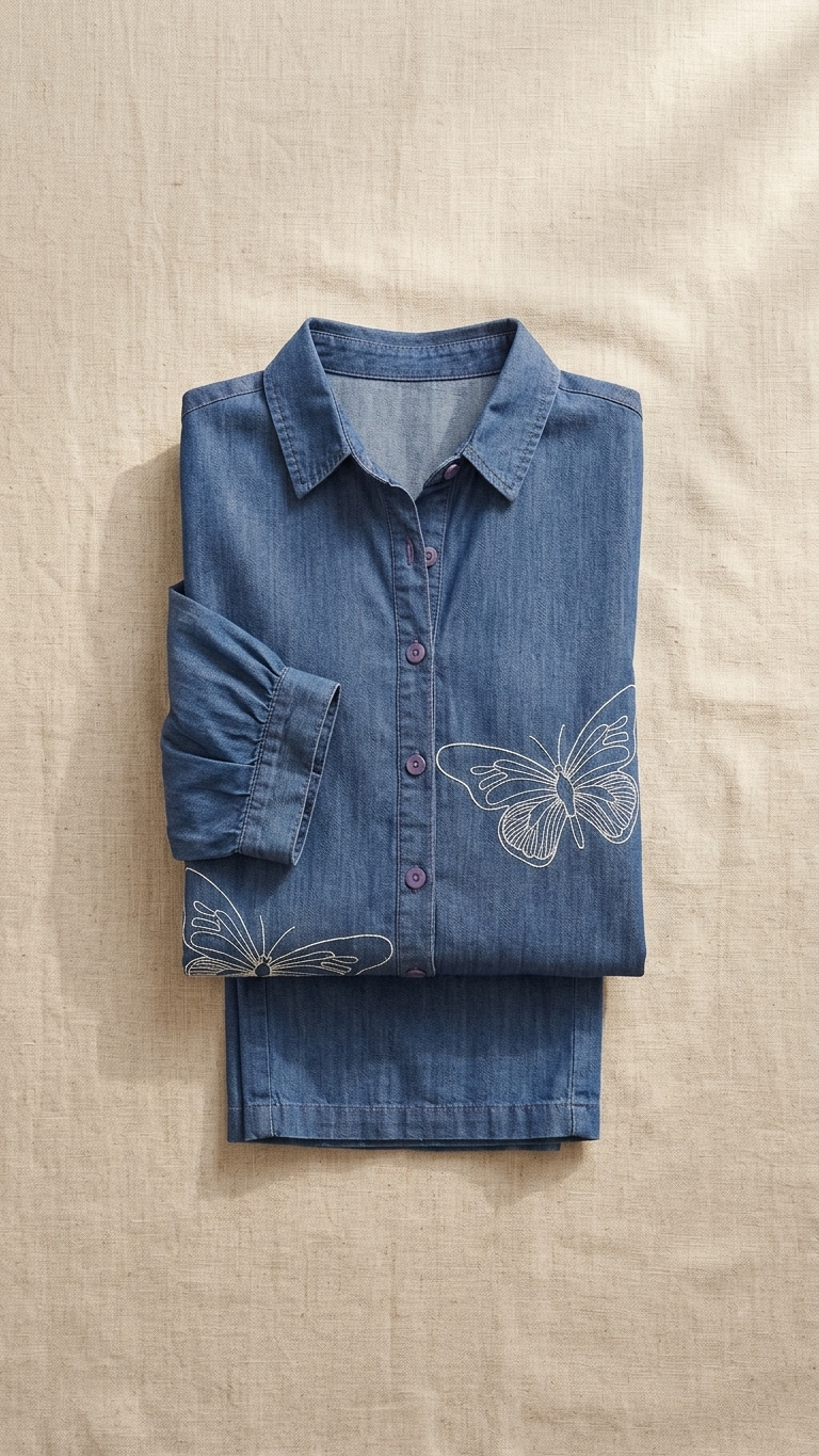 Women's Indigo Blue Butterfly Embroidered Co-Ord Set | Collared Shirt & Wide-Leg Pants