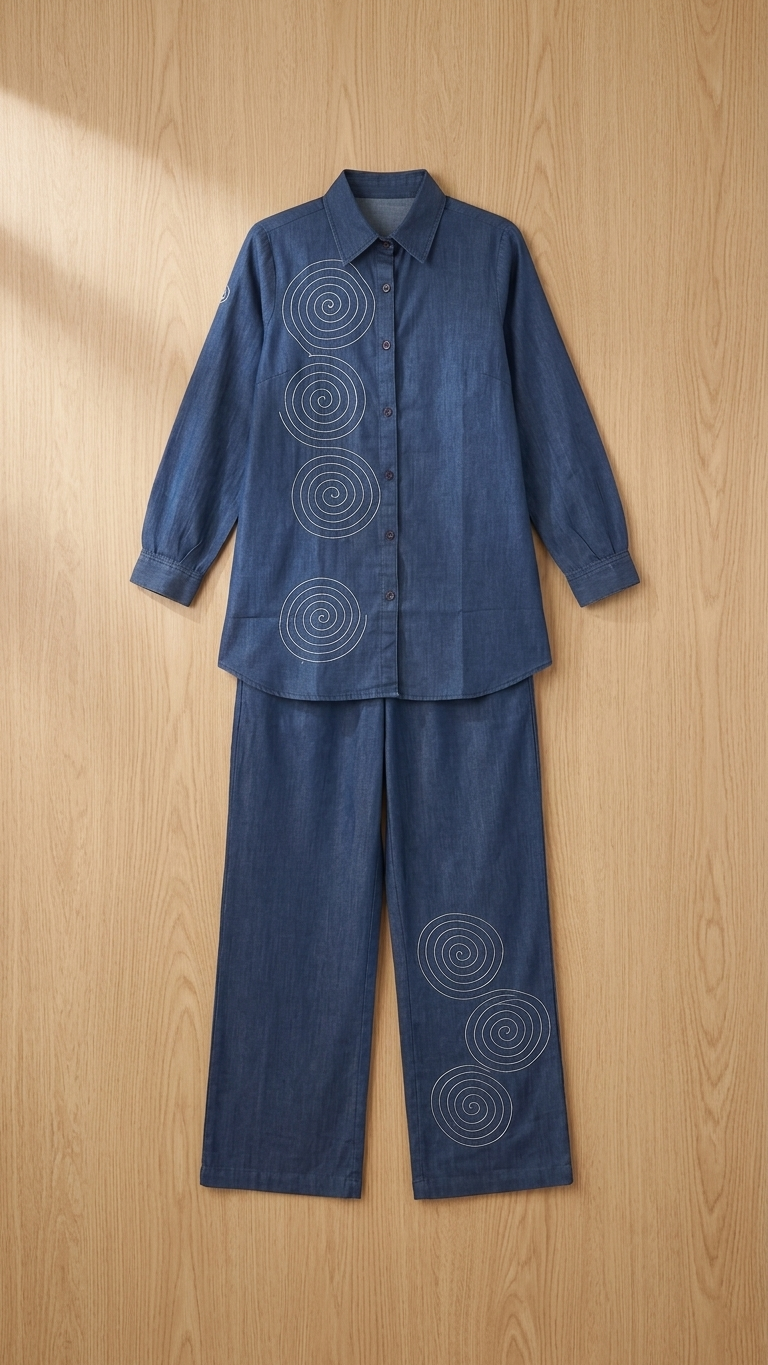 Women's Indigo Blue Spiral Embroidered Co-Ord Set | Longline Collared Shirt & Straight Pants