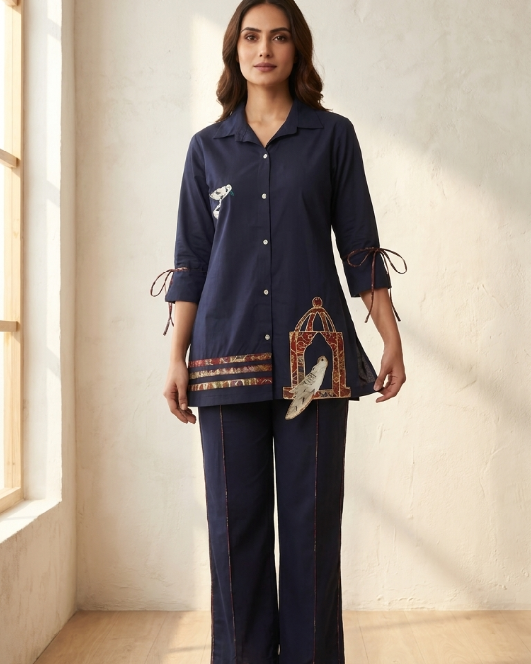 Bird Motif Cotton Shirt & Pant Co-ord Set