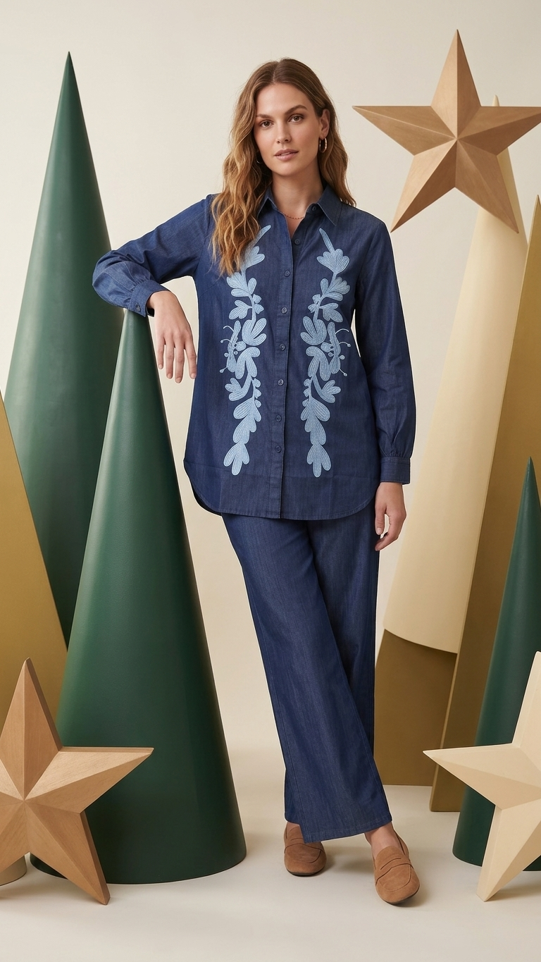 Women's Indigo Blue Floral Embroidered Co-Ord Set | Full Sleeve Collared Shirt & Straight Pants
