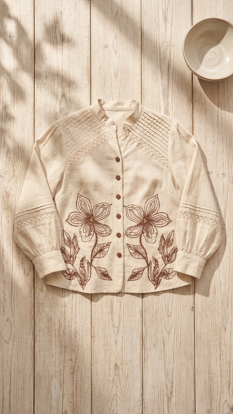 Women's Natural Beige Floral Embroidered Co-Ord Set | Mandarin Collar Shirt & Straight Pants