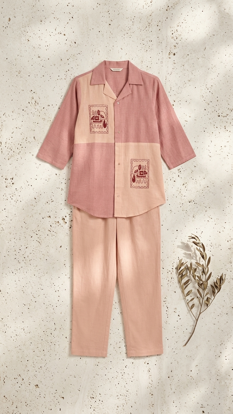 Abstract Motif Embroidered Dusty Pink Linen Co-Ord Set