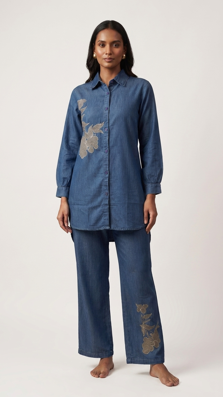 Women's Denim Blue Floral Embroidered Co-Ord Set | Longline Collared Shirt & Straight Pants