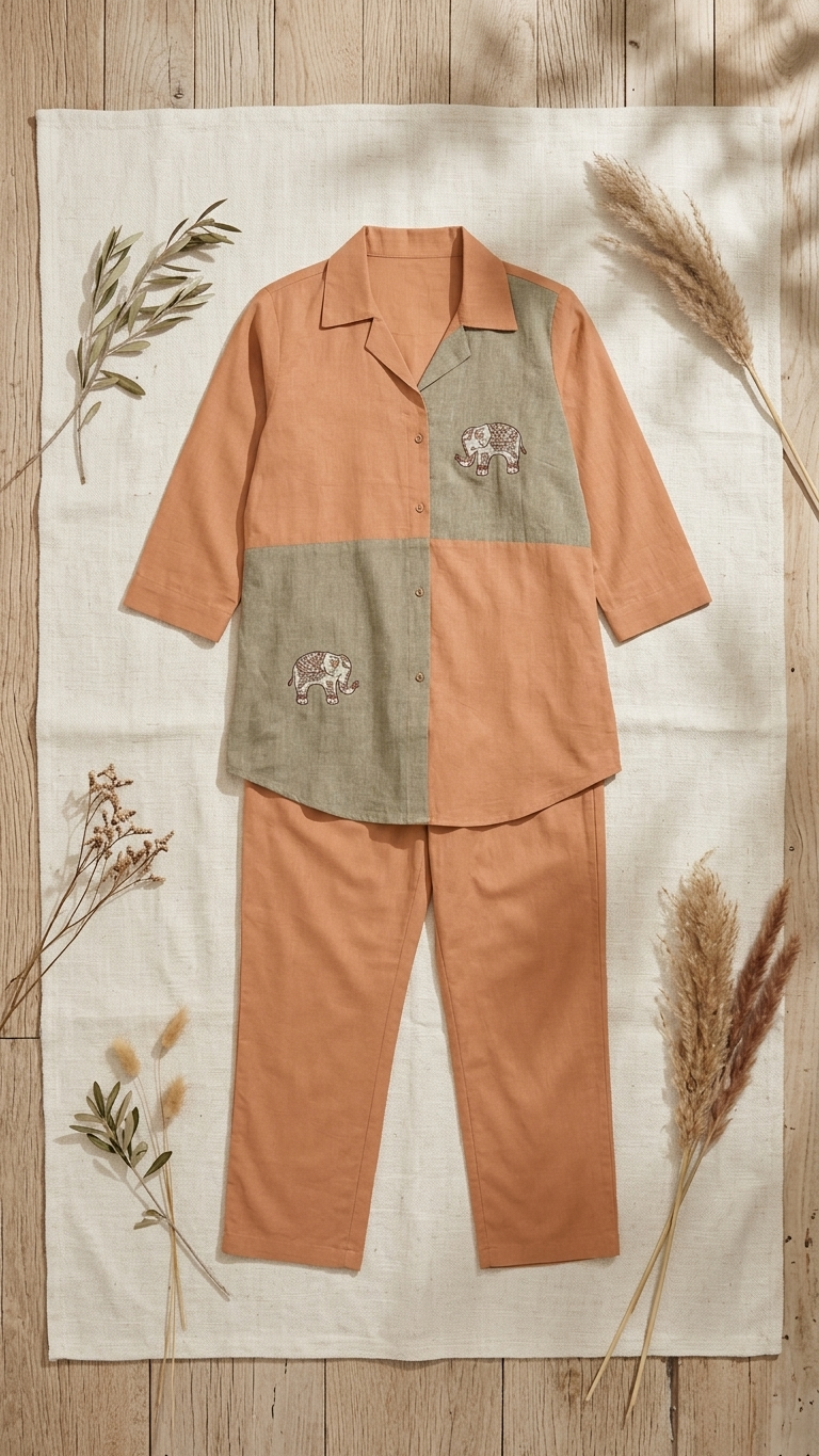 Women's Camel Brown Color Block Embroidered Co-Ord Set | Elephant Motif Shirt & Straight Pants