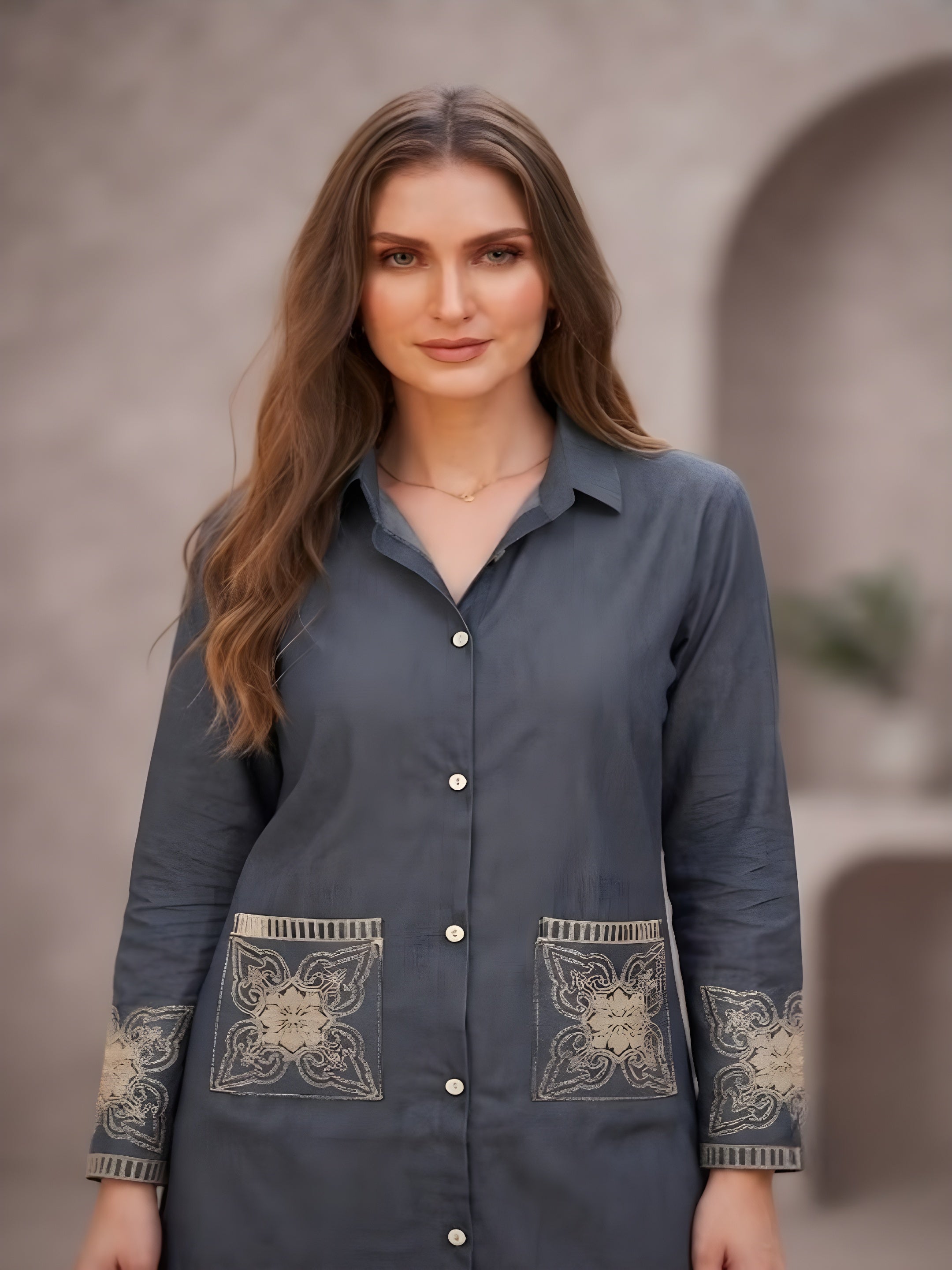 Women's Charcoal Grey Printed Co-Ord Set | Full Sleeve Collared Shirt & Straight Pants
