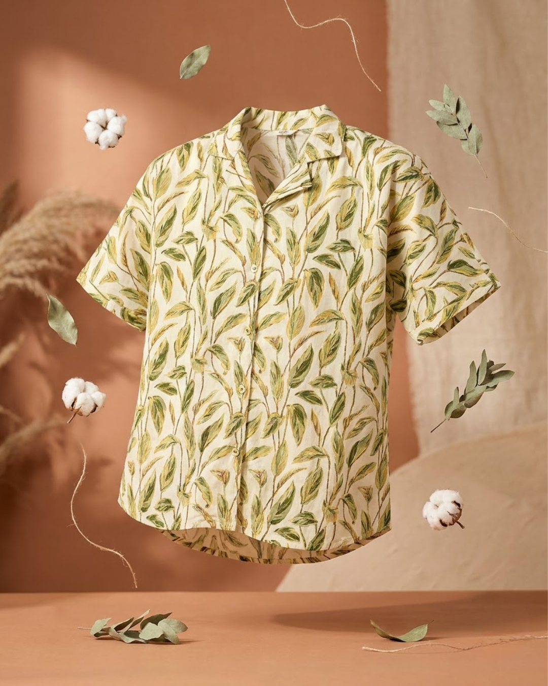 Light Green Leaf Print Button‑Up Shirt