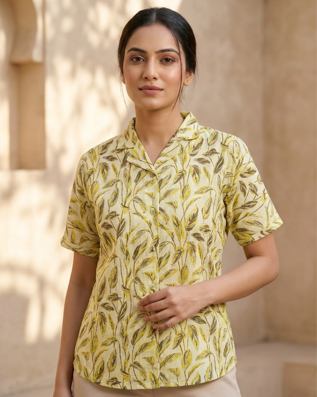Beige & Green Patterned Blouse
