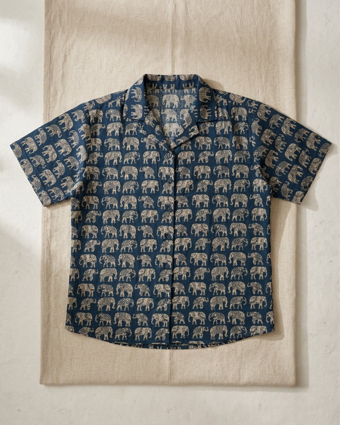 Dark Blue Elephant Print Button‑Up Shirt