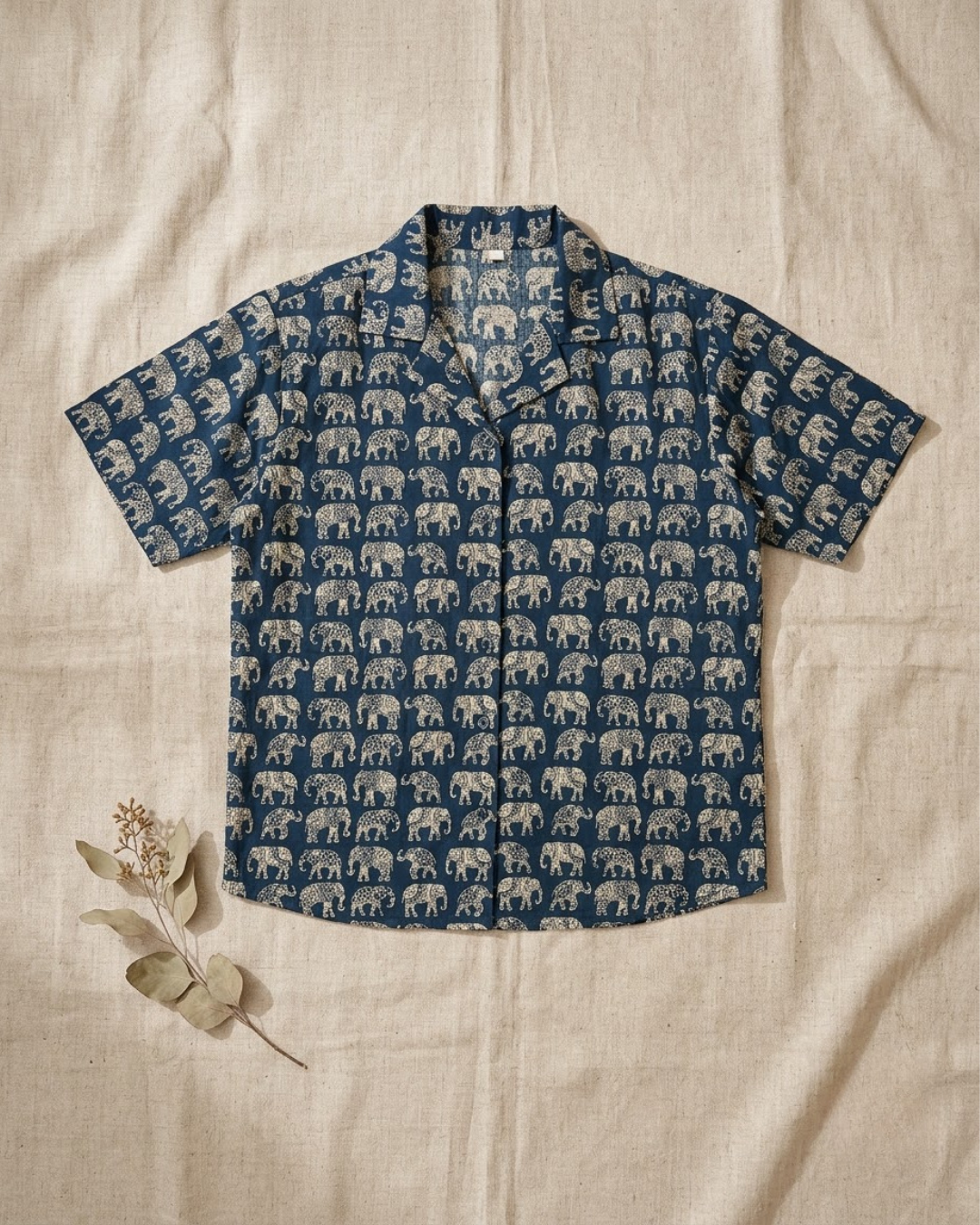 Dark Blue Elephant Print Button‑Up Shirt