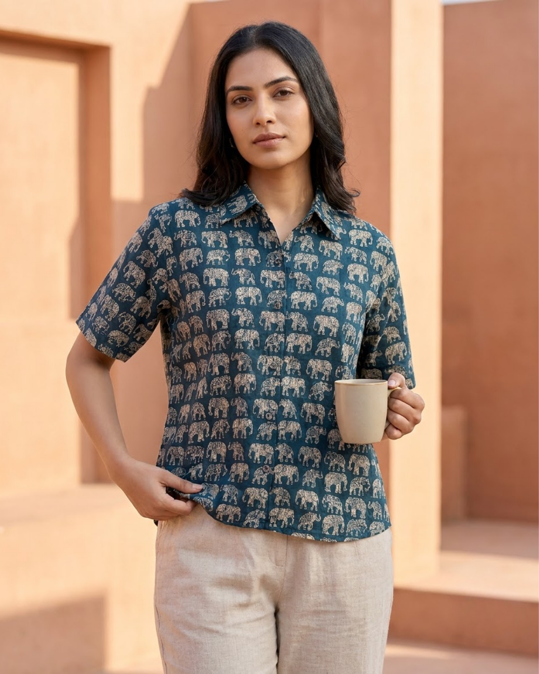 Dark Blue Elephant Print Button‑Up Shirt