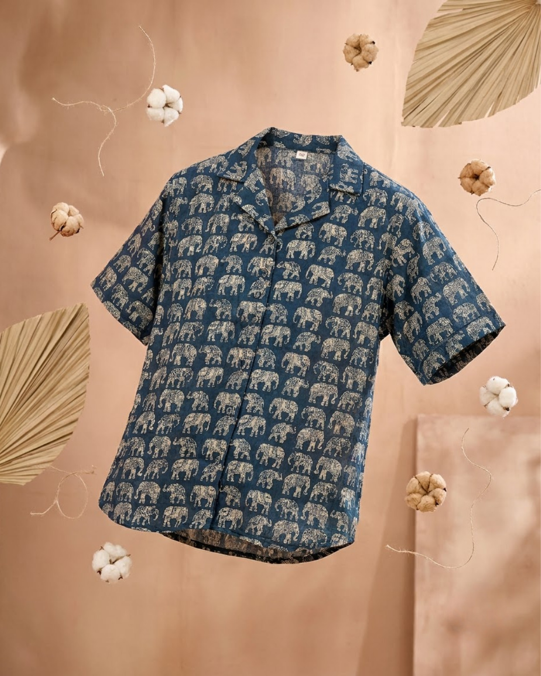 Dark Blue Elephant Print Button‑Up Shirt