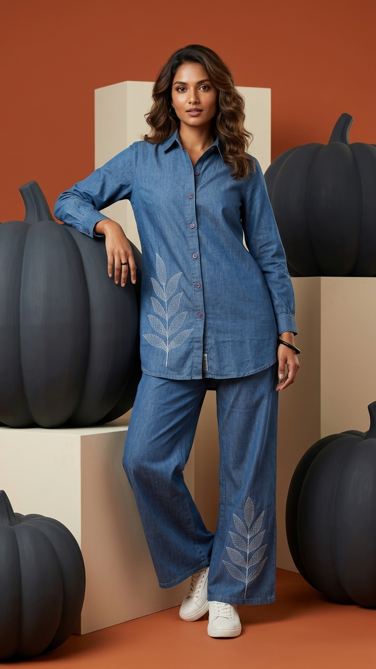 Women's Denim Blue Wide-Leg Co-Ord Set