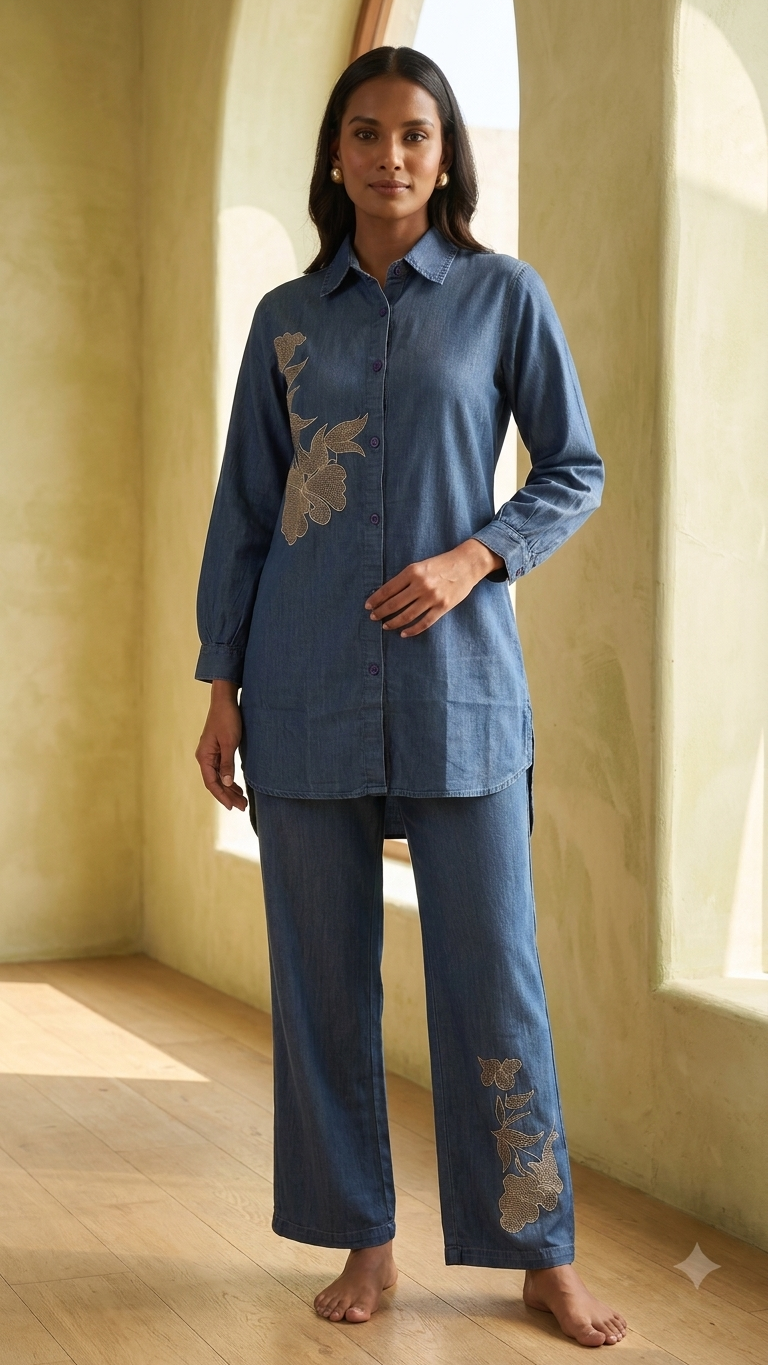 Women's Denim Blue Floral Embroidered Co-Ord Set | Longline Collared Shirt & Straight Pants