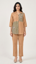 Women's Camel Brown Color Block Embroidered Co-Ord Set | Elephant Motif Shirt & Straight Pants