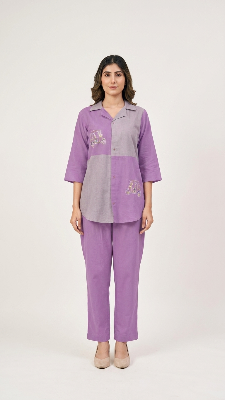 Women's Lavender Color Block Embroidered Co-Ord Set |Motif Shirt & Straight Pants