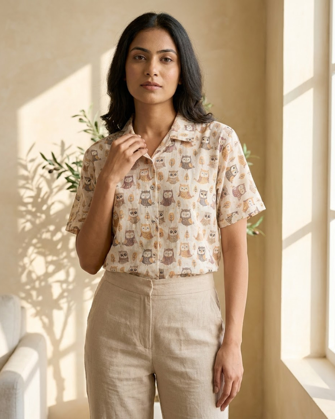 Light Beige Owl Print Button‑Up Shirt