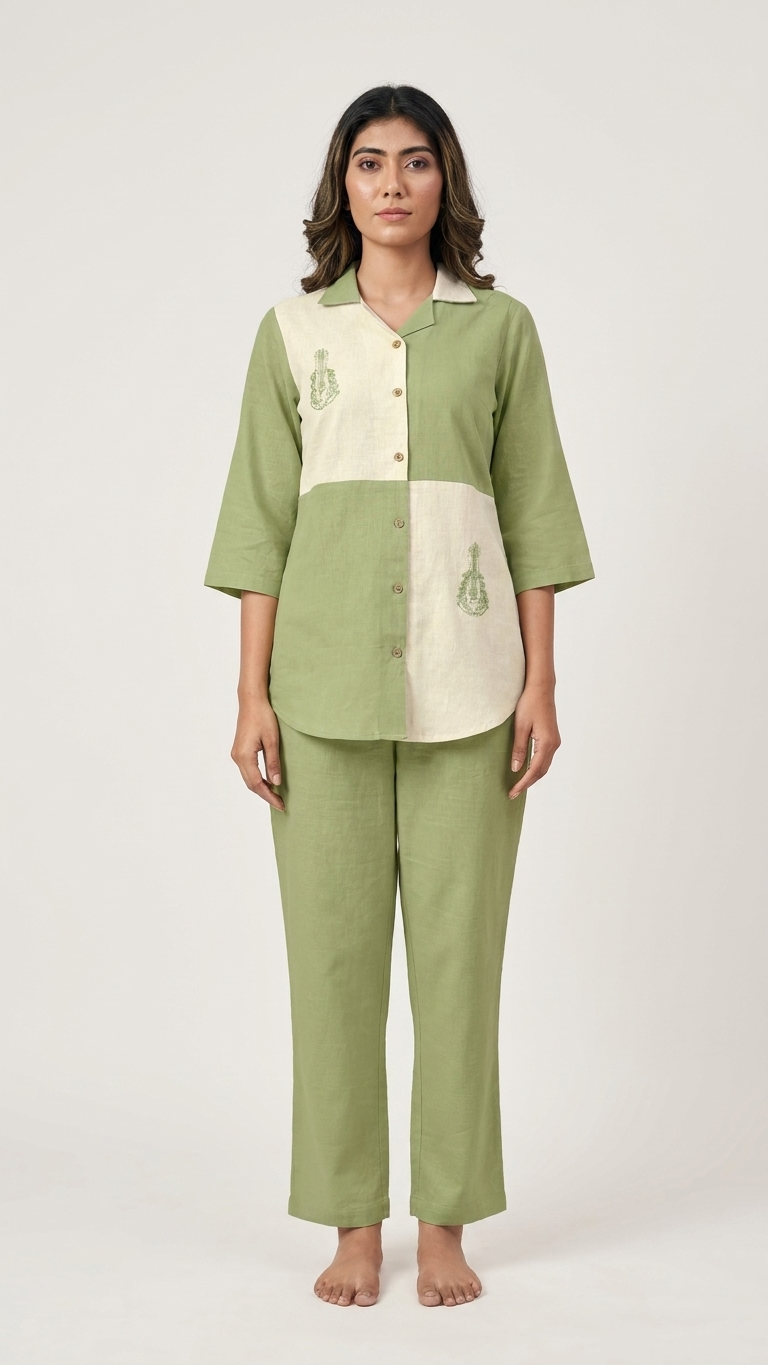Women's Sage Green Color Block Embroidered Co-Ord Set | Collared Shirt & Straight Pants