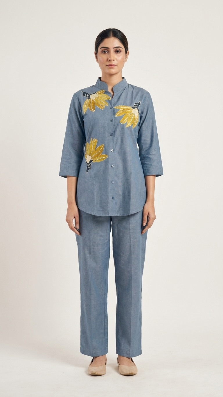 Women's Slate Blue Embroidered Co-Ord Set with Floral Appliqué