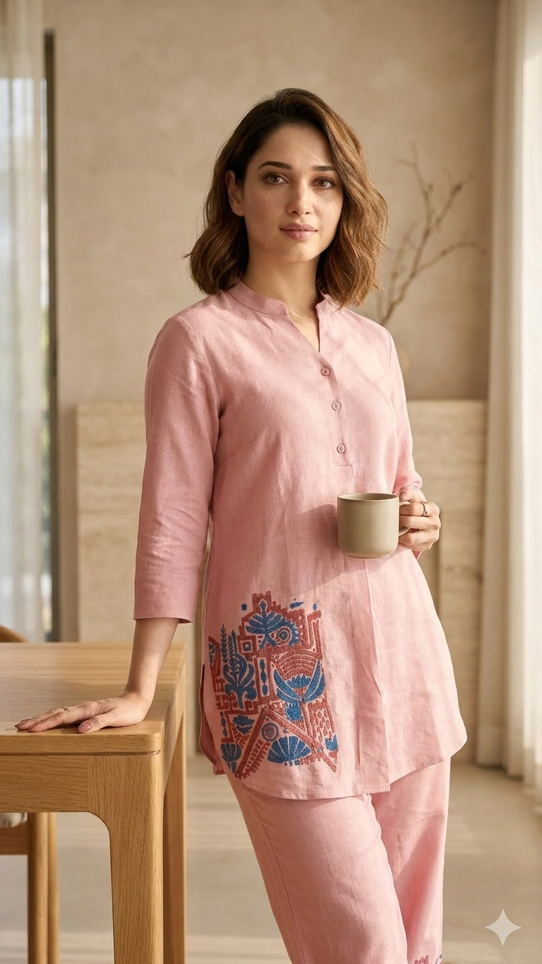 Women's Blush Pink Embroidered Co-Ord Set | Mandarin Collar Kurta & Straight Pants