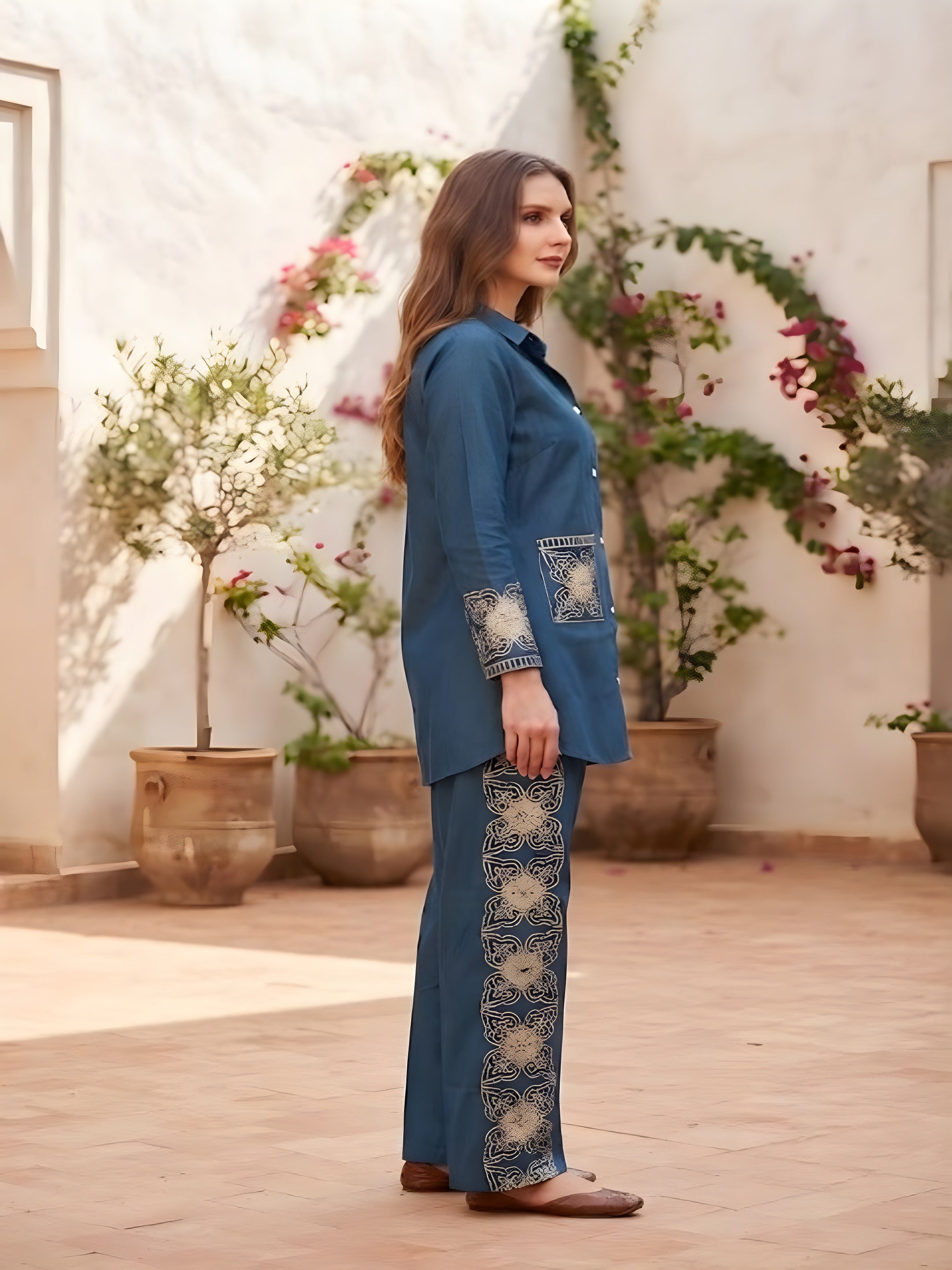Women's Midnight Blue Printed Co-Ord Set | Full Sleeve Collared Shirt & Straight Pants