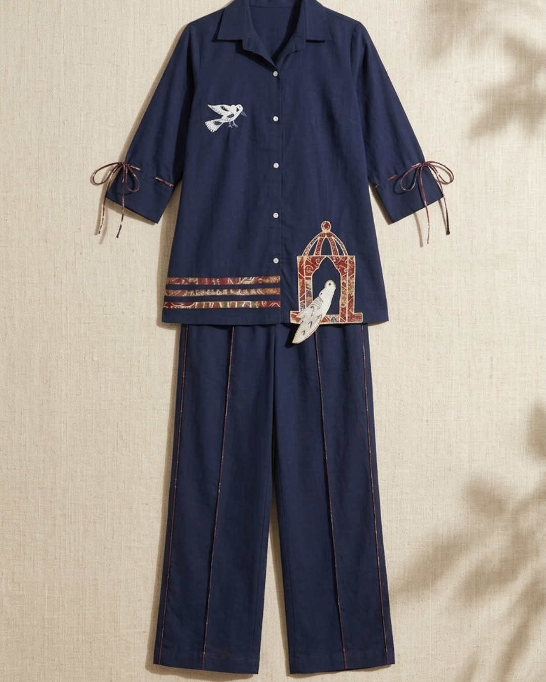 Bird Motif Cotton Shirt & Pant Co-ord Set