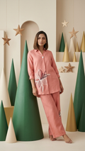Peach Floral Embroidered Cotton Co-Ord Set with Straight Pants