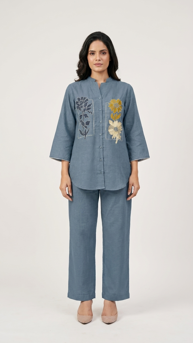 Women's Steel Blue Floral Embroidered Co-Ord Set | Mandarin Collar Shirt with Straight Pants