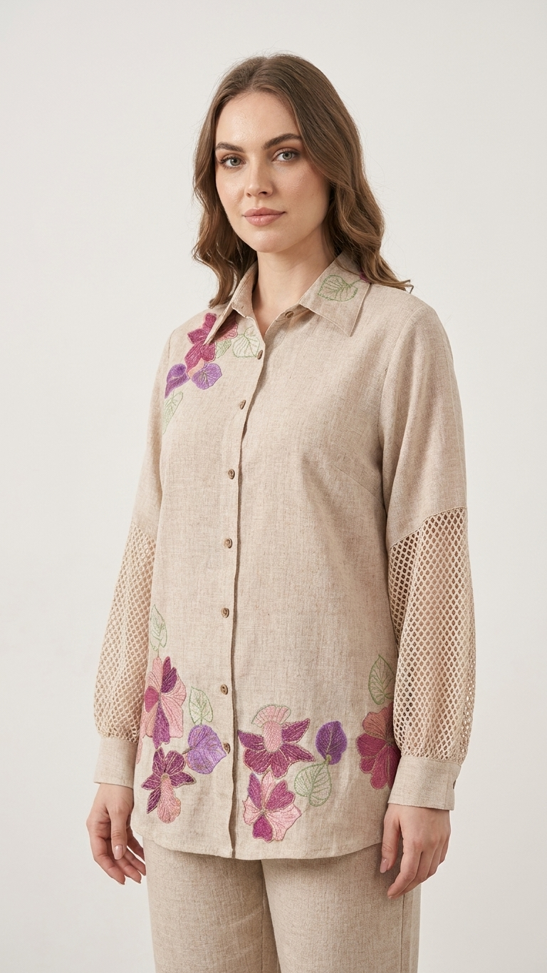 Women's Beige Floral Embroidered Co-Ord Set | Full Sleeve Collared Shirt & Straight Pants