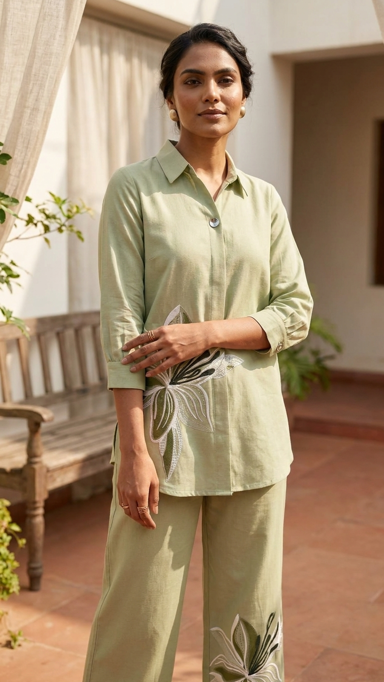 Sage Green Floral Embroidered Co-Ord Set | Collared Shirt & Straight-Leg Pants