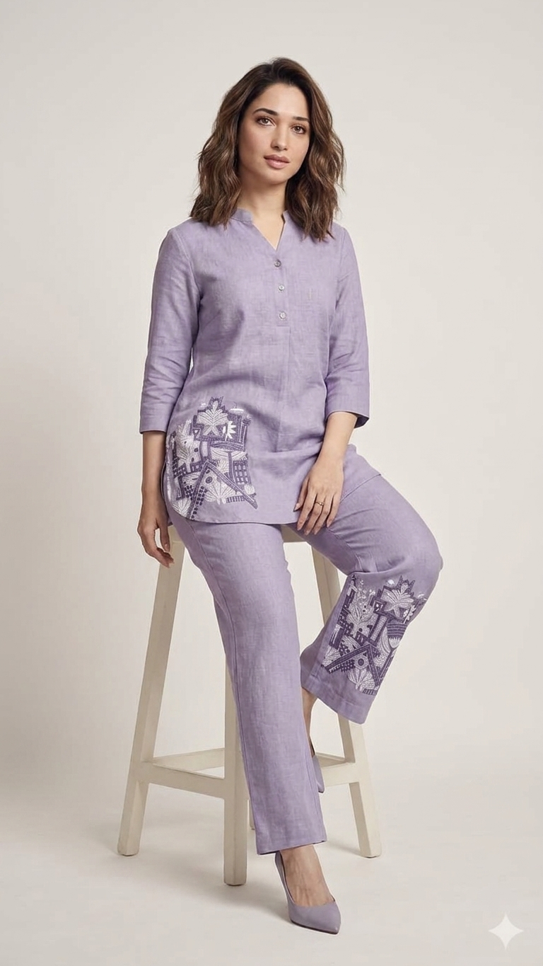 Lavender Embroidered Co-Ord Set | Mandarin Collar Kurta & Straight Pants