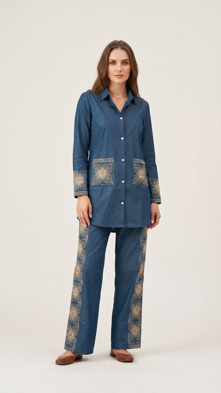 Women’s Indigo Embroidered Co-Ord Set