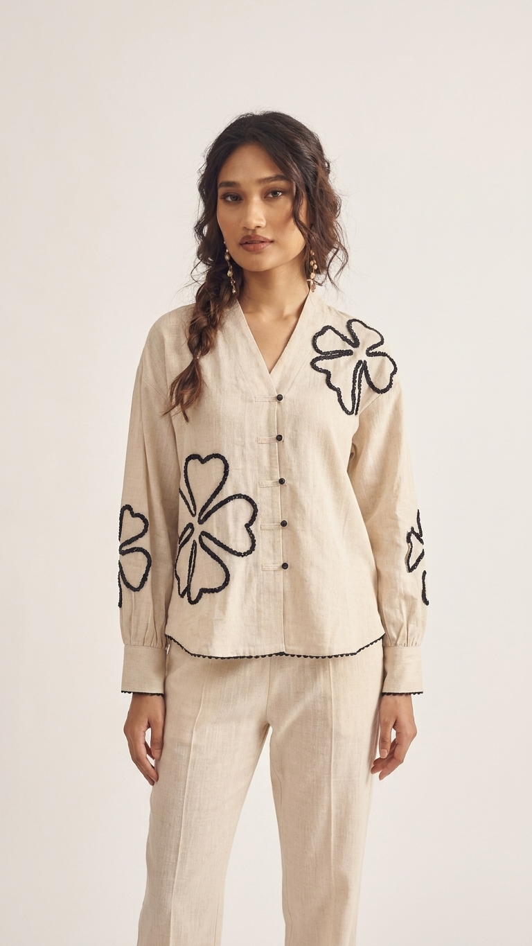 Women's Ivory Floral Appliqué Co-Ord Set | V-Neck Full Sleeve Shirt & Straight Pants