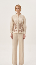 Women's Natural Beige Floral Embroidered Co-Ord Set | Mandarin Collar Shirt & Straight Pants