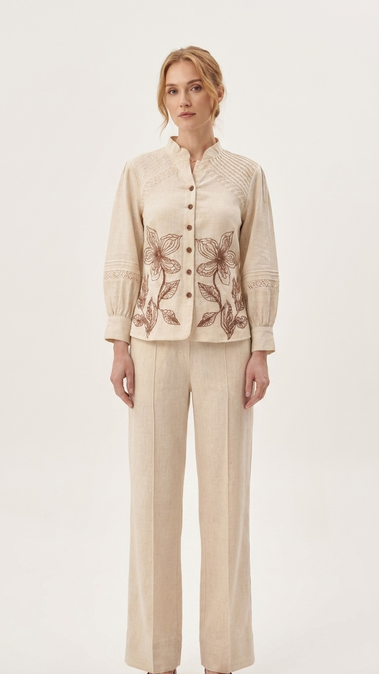 Women's Beige Floral Shirt & Pant Set