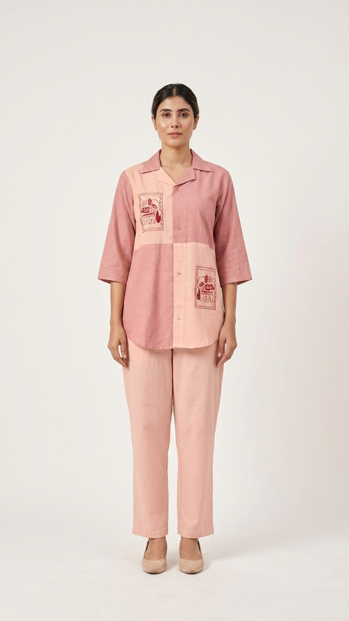 Abstract Motif Embroidered Dusty Pink Linen Co-Ord Set