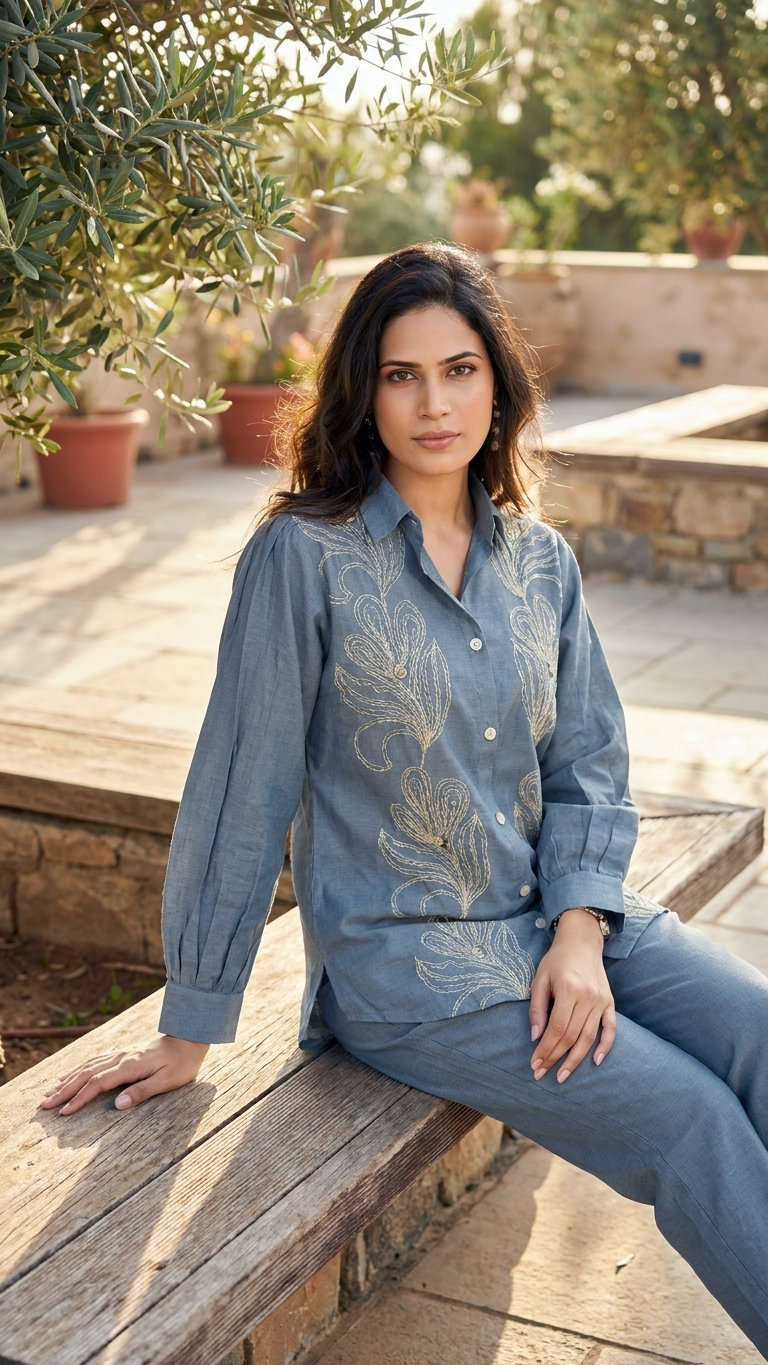 Guitar Embroidered Olive Green Linen Co-Ord Set