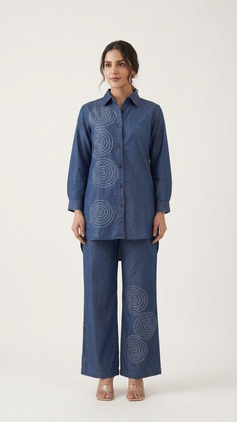 Women's Indigo Blue Spiral Embroidered Co-Ord Set | Longline Collared Shirt & Straight Pants