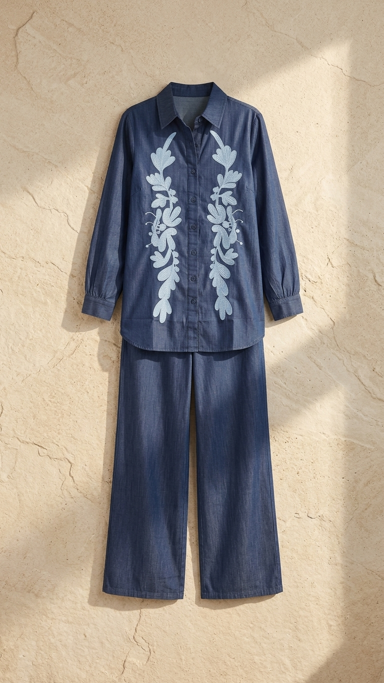 Women's Indigo Blue Floral Embroidered Co-Ord Set | Full Sleeve Collared Shirt & Straight Pants