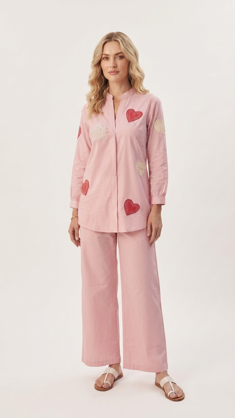 Women's Blush Pink Heart Appliqué Co-Ord Set | Mandarin Collar Shirt & Wide-Leg Pants