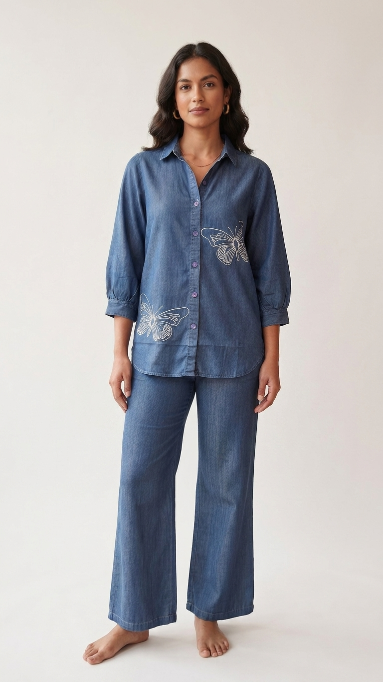 Women's Indigo Blue Butterfly Embroidered Co-Ord Set | Collared Shirt & Wide-Leg Pants