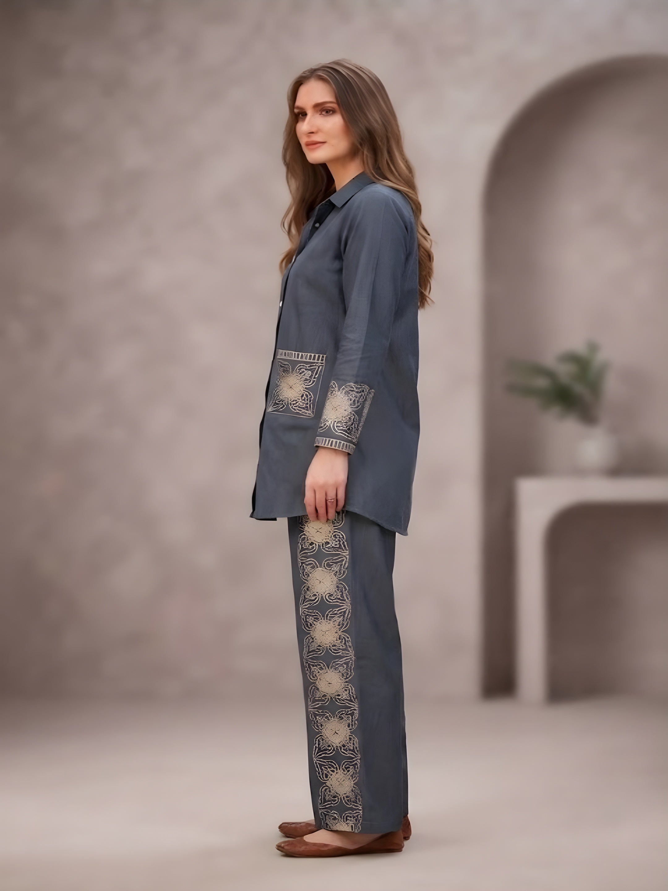Women's Charcoal Grey Printed Co-Ord Set | Full Sleeve Collared Shirt & Straight Pants