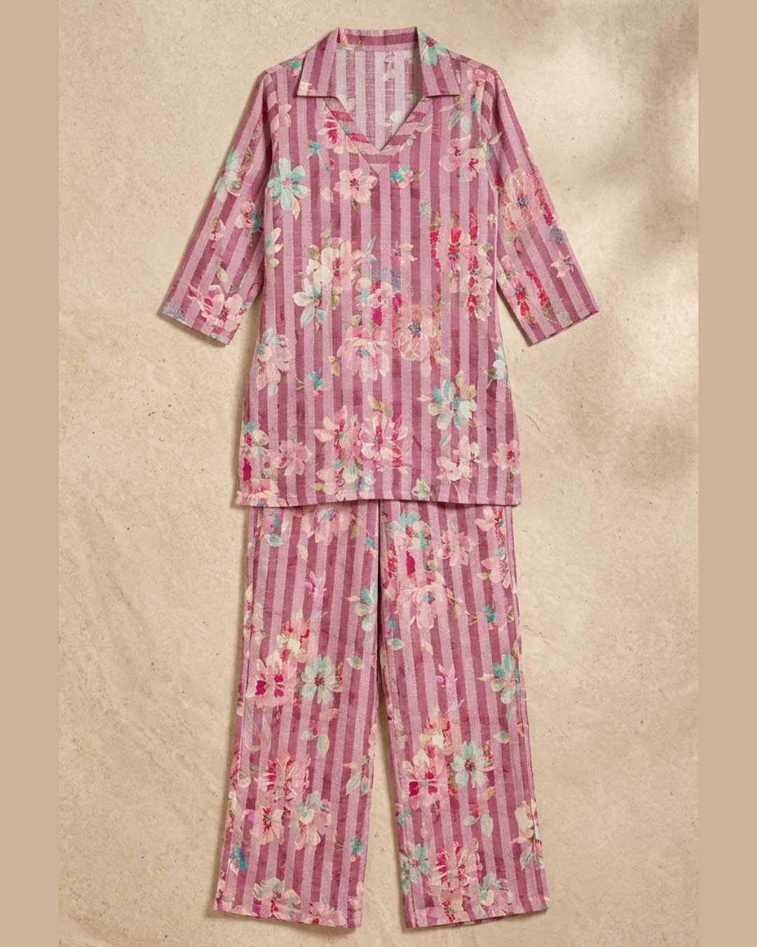Floral Stripe Cotton Kurta Pant Set – Pink