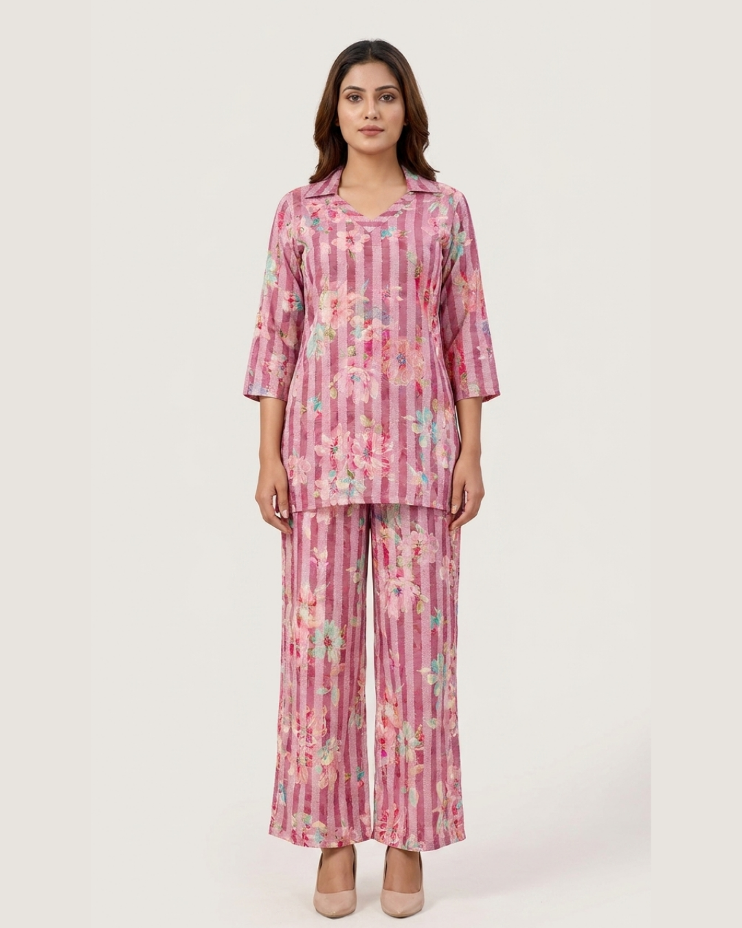 Floral Stripe Cotton Kurta Pant Set – Pink