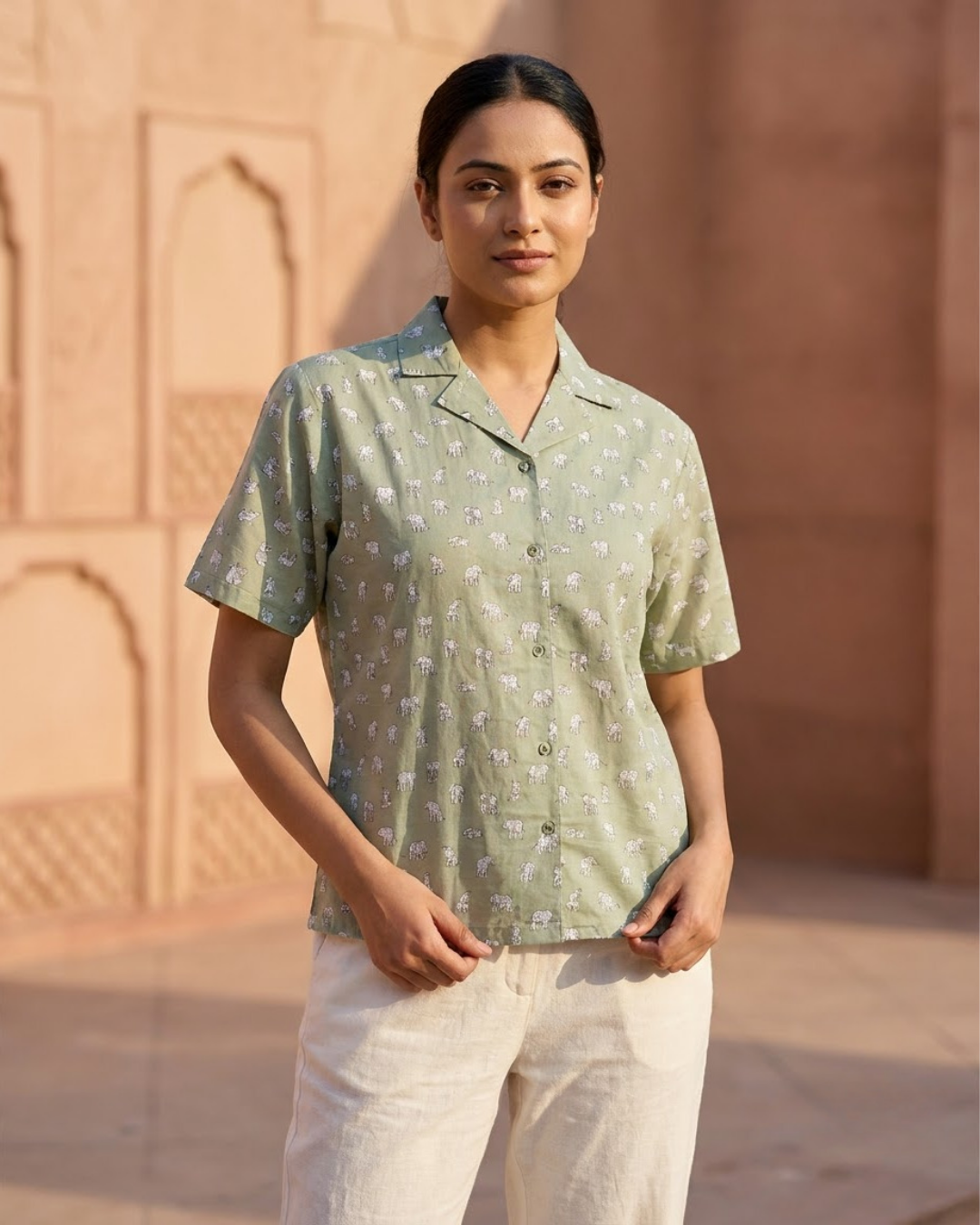 Light Green Elephant Print Button‑Up Shirt