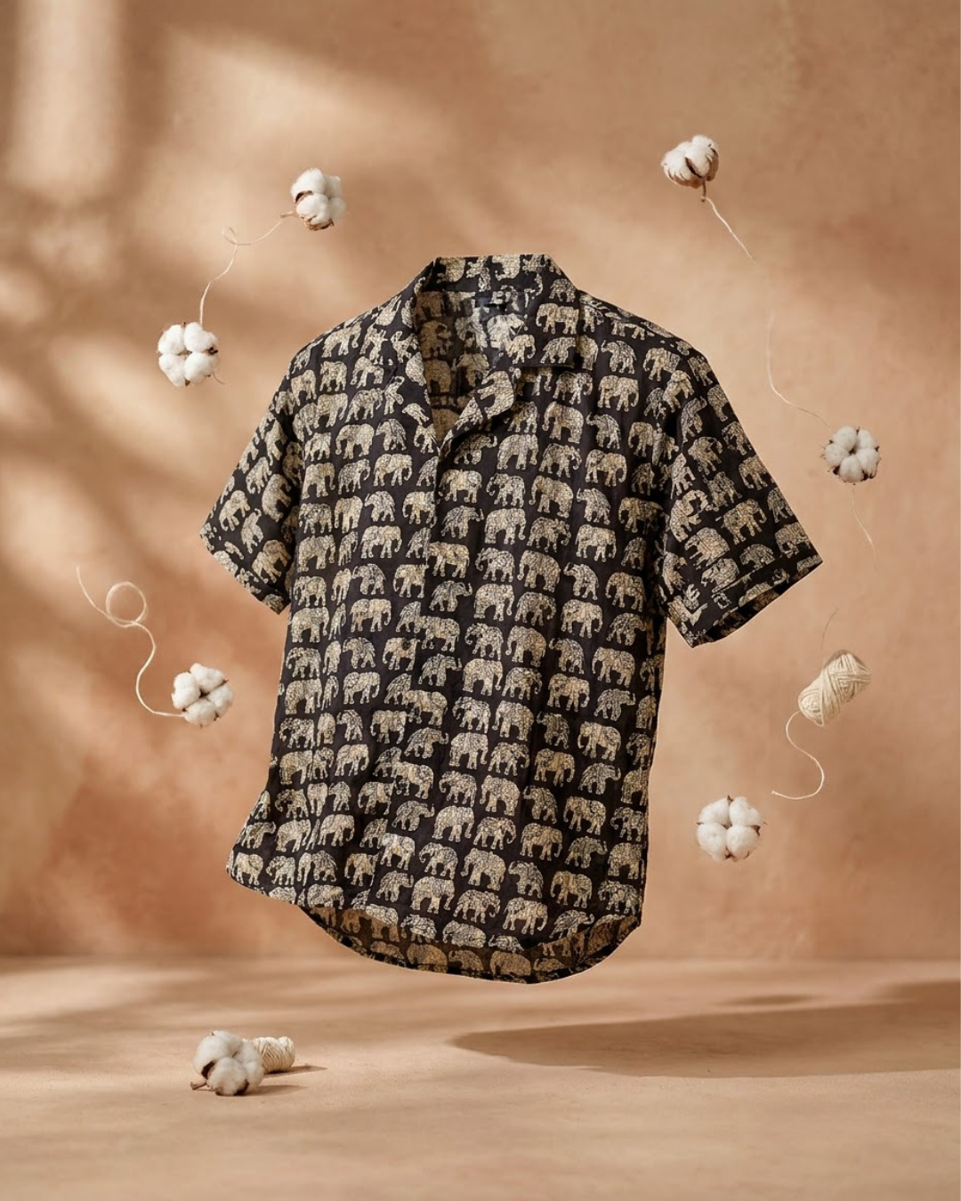 Dark Elephant Print Button‑Up Shirt