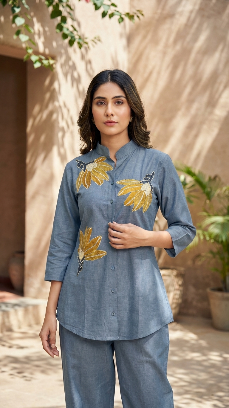 Women's Slate Blue Embroidered Co-Ord Set with Floral Appliqué