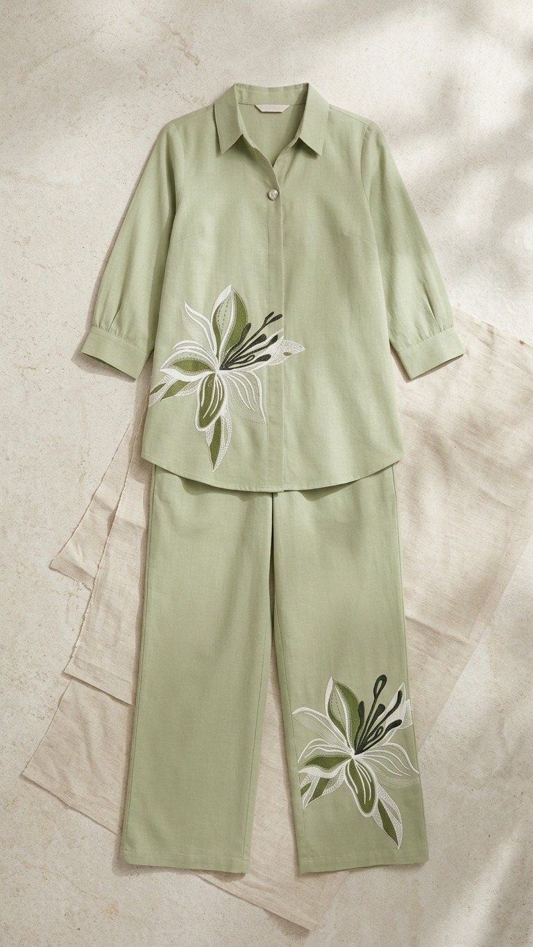 Sage Green Floral Embroidered Co-Ord Set | Collared Shirt & Straight-Leg Pants