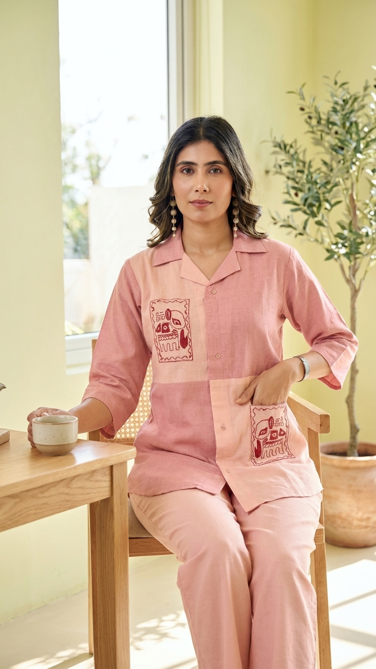 Abstract Motif Embroidered Dusty Pink Linen Co-Ord Set