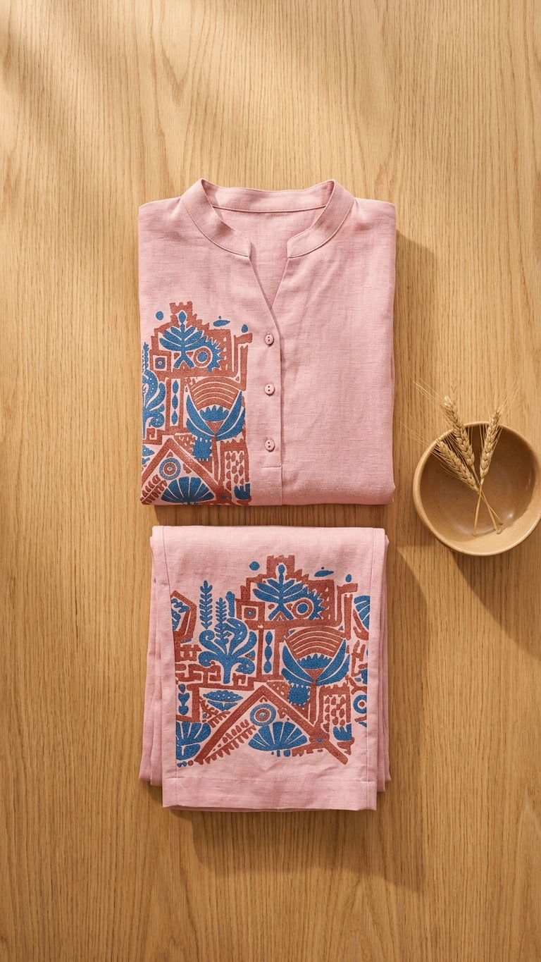 Women's Blush Pink Embroidered Co-Ord Set | Mandarin Collar Kurta & Straight Pants